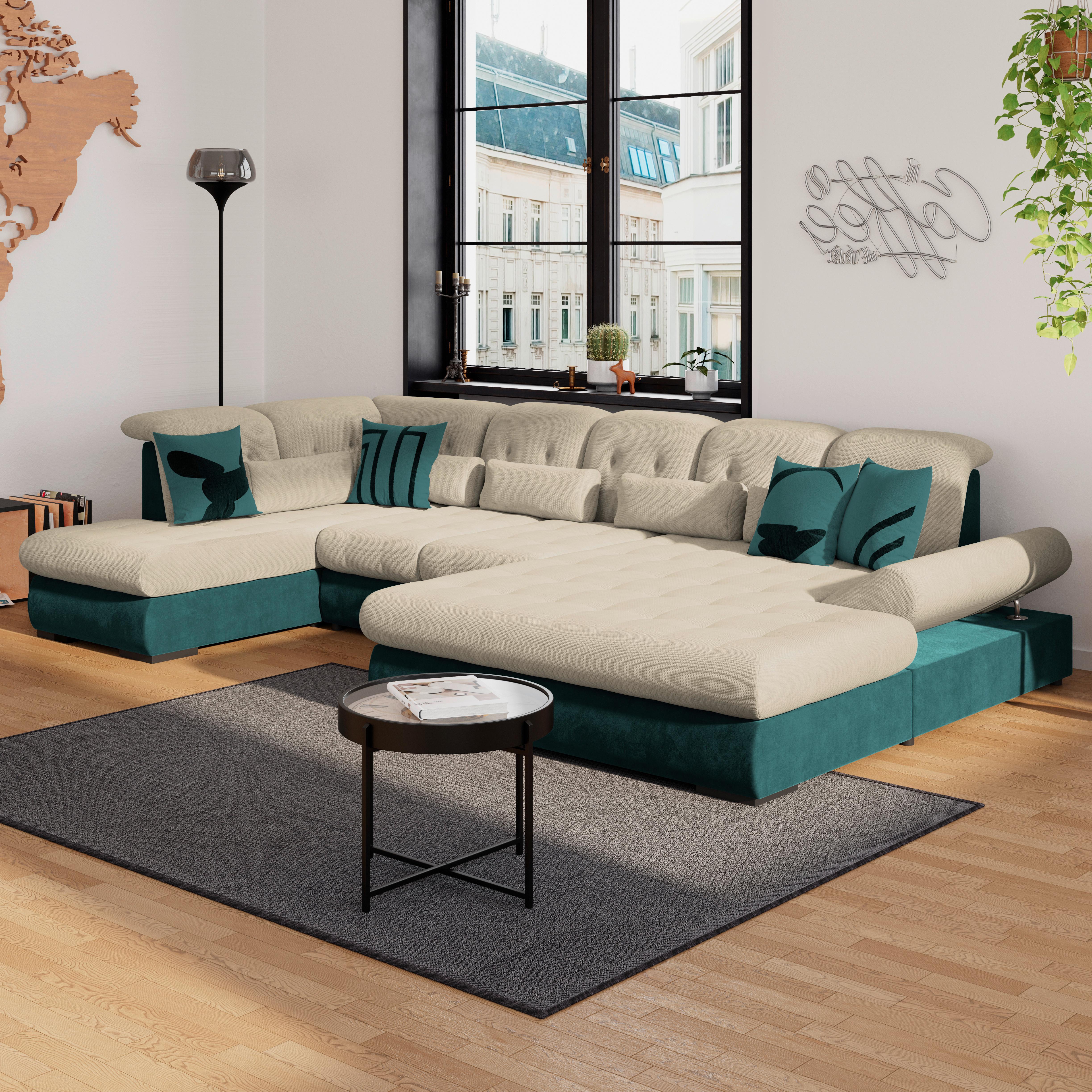 Wohnlandschaft Madera Cremefarben U: 212x358x190 cm - Türkis/Creme, KONVENTIONELL, Kunststoff/Textil (212/358/190cm)
