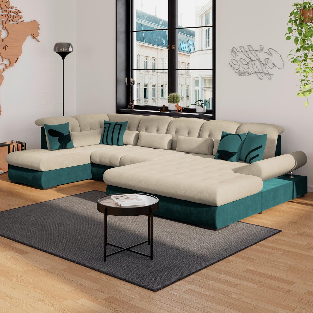 Wohnlandschaft Madera Cremefarben U: 212x358x190 cm - Türkis/Creme, KONVENTIONELL, Kunststoff/Textil (212/358/190cm)