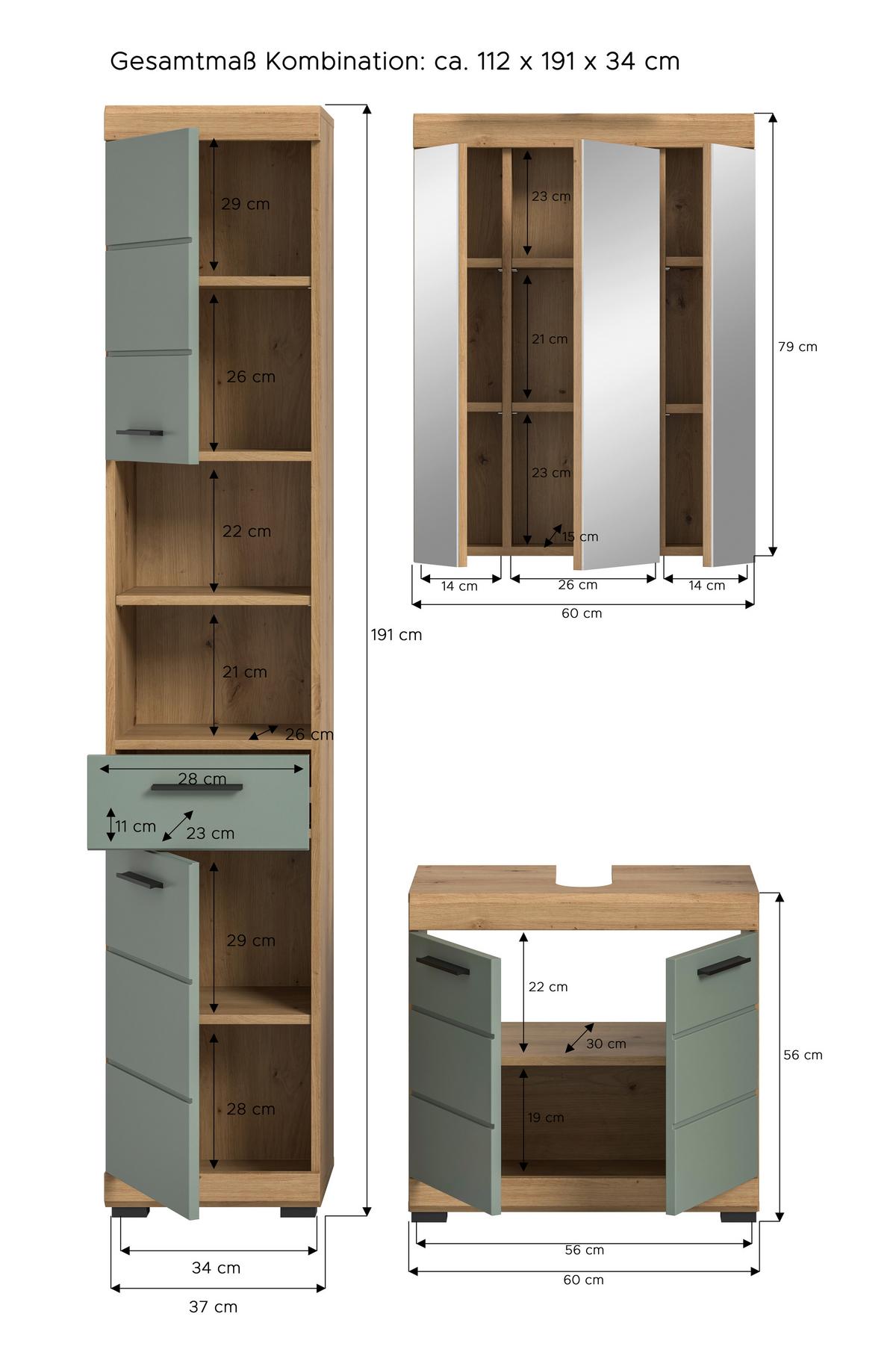 Badezimmer Scout Eiche Dekor/Salbeigrün B: 97cm - Salbeigrün/Eichefarben, MODERN, Glas/Holzwerkstoff (97cm) - MID.YOU