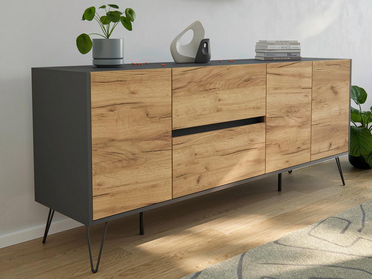 Sideboard Posseik Industrial Graphitfarben/Eiche B: 177 cm - Eichefarben/Schwarz, Design, Holzwerkstoff (177/75,8/42cm) - MID.YOU