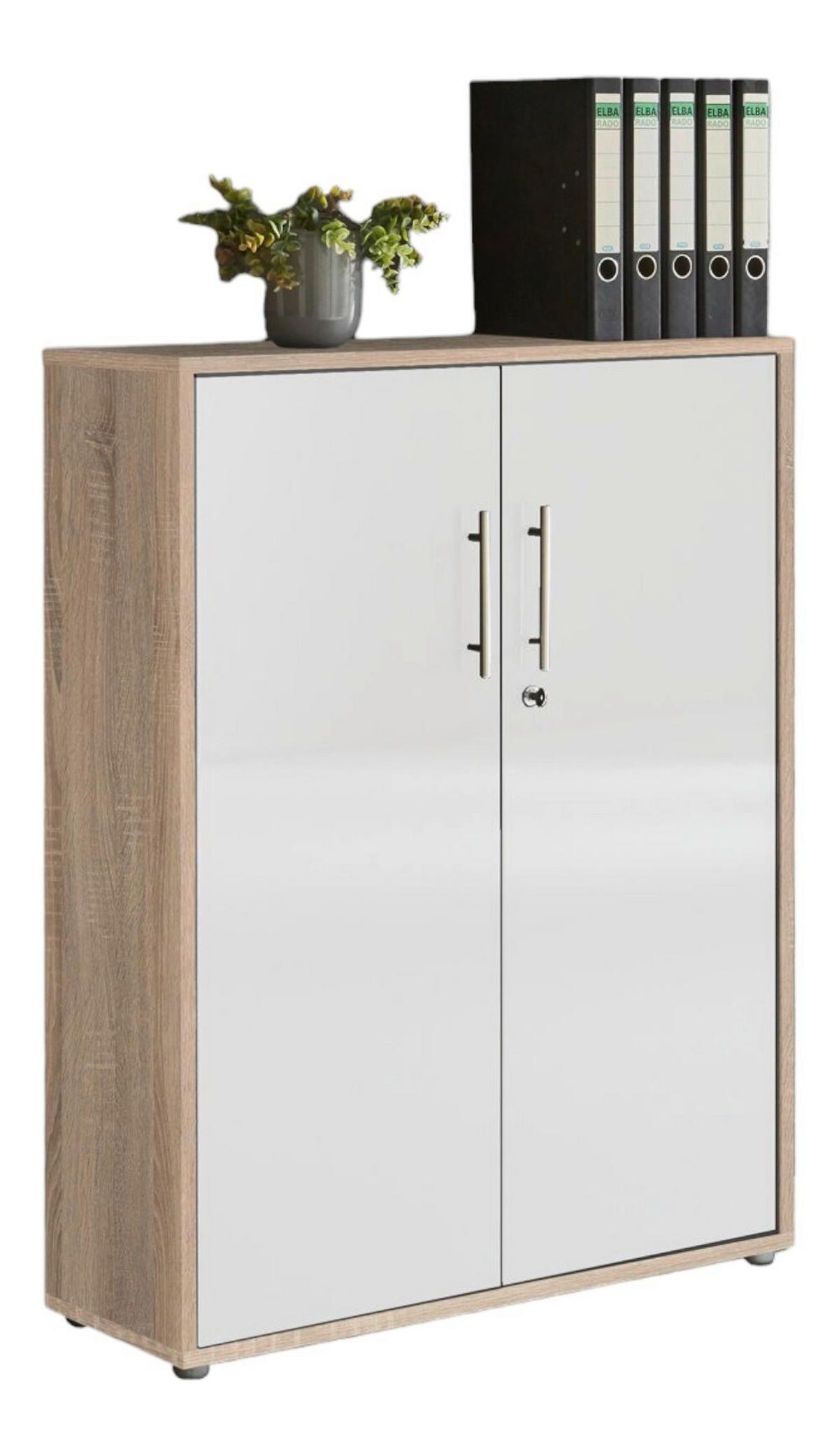 Aktenschrank Office Edition Weiß Hg/eiche Dekor B: 84,4cm - Weiß Hochglanz/Sonoma Eiche, MODERN, Holzwerkstoff (84,4/113,6/33cm) - MID.YOU