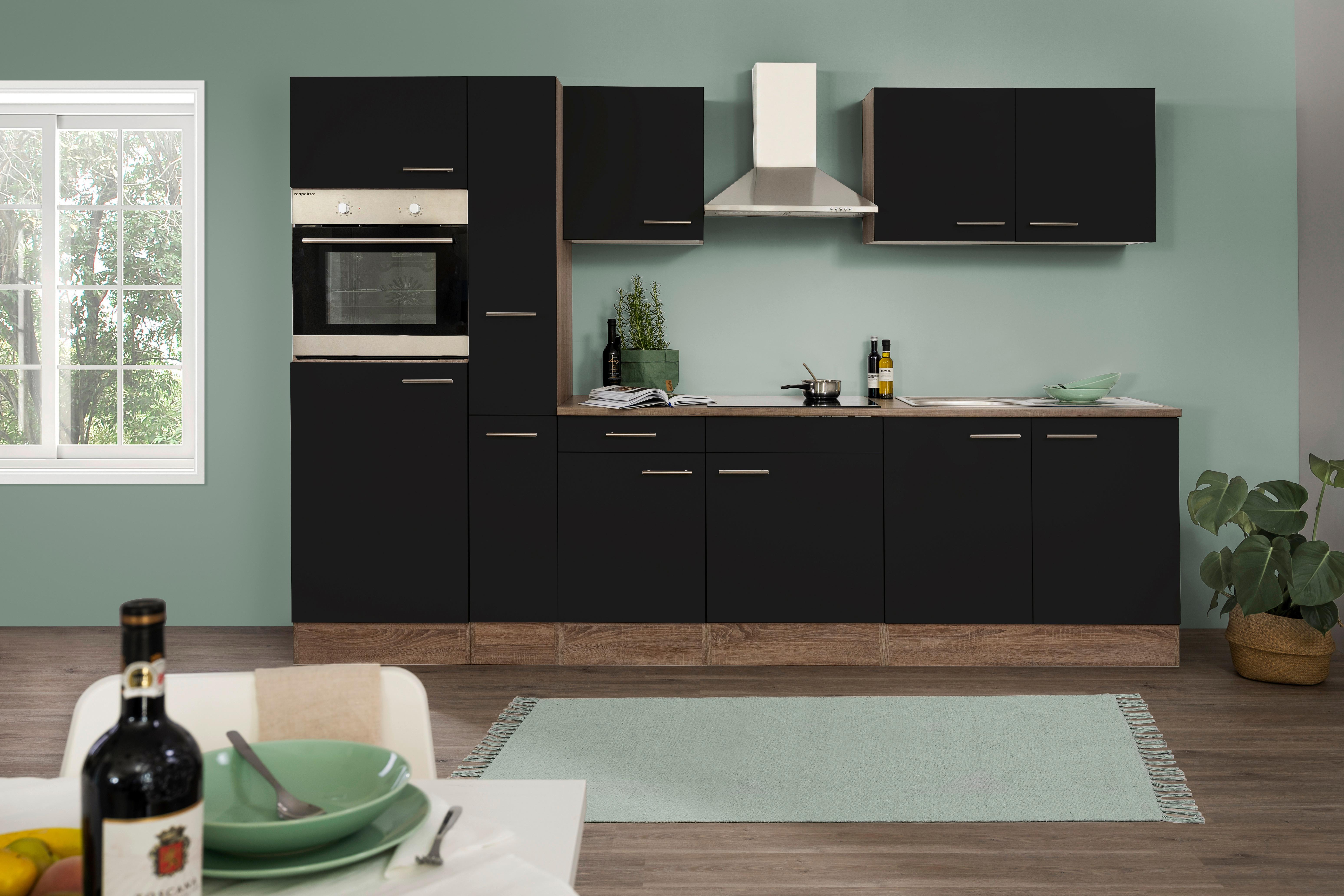 Küchenzeile ohne Gräte B: 300 cm Schwarz/Eiche Dekor - Eichefarben/Schwarz, Basics, Holzwerkstoff (300/205/60cm) - Respekta