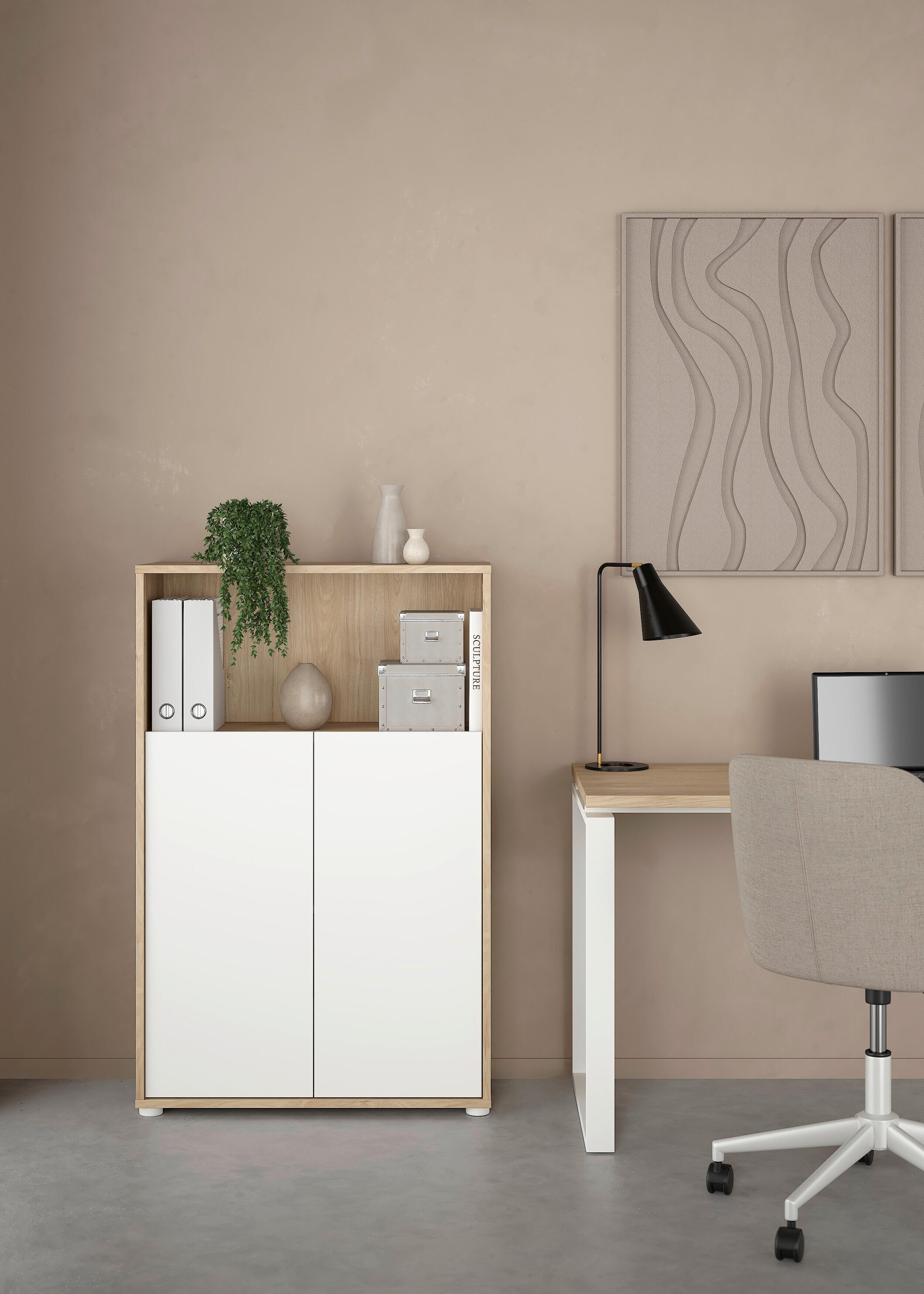 Highboard Sign Weiß/Eichefarben, L: 79,6 cm - Eichefarben/Weiß, MODERN, Holzwerkstoff (79,6/34,3/123,6cm) - MID.YOU