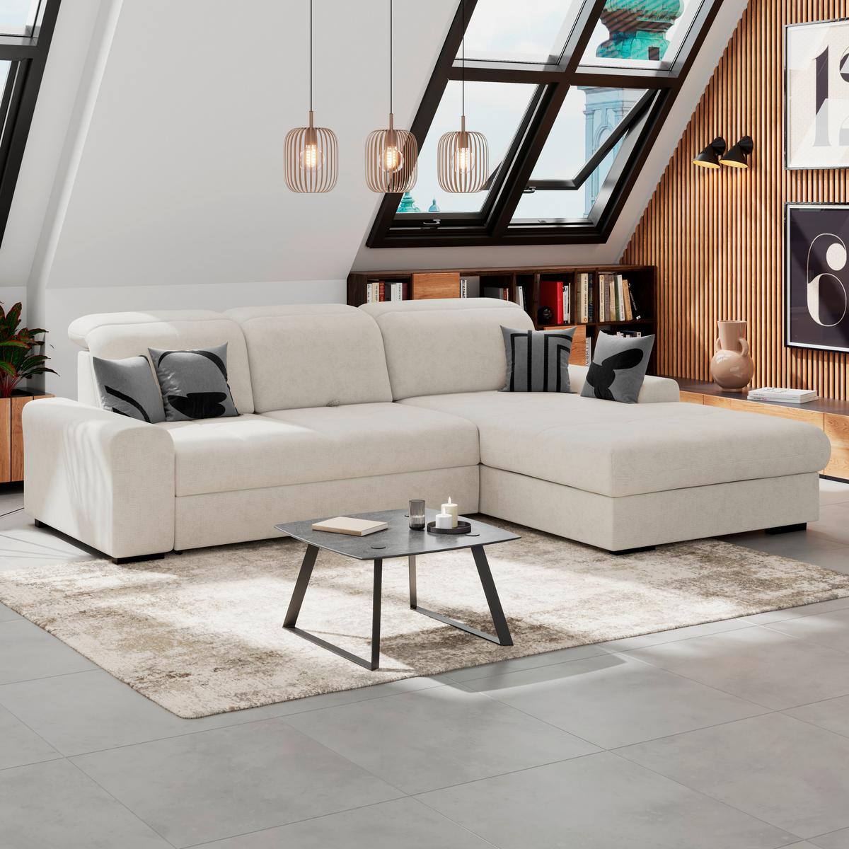 Ecksofa mit Bettfunktion Malaga new Chenille elfenbein - Elfenbein/Schwarz, KONVENTIONELL, Textil (286/203cm) - Ondega