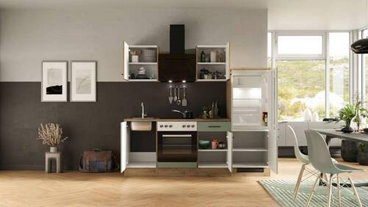 Küchenblock Cara Eiche Artisan/dekor B: 220 Cm - Eiche Artisan/Grün, MODERN, Holzwerkstoff (220cm) - FlexWell