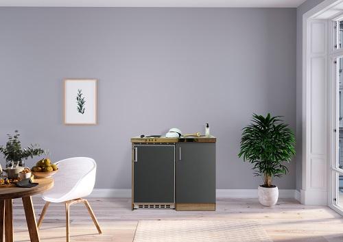 Miniküche mit Kühlschrank + Kochfeld 100 cm Grau/Eiche