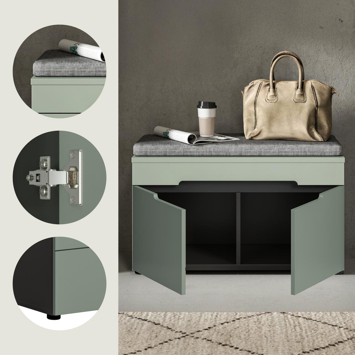 Garderobenbank Canu Grau/Grün B: 80 cm - Schwarz/Graugrün, Design, Holzwerkstoff (80/45/37cm) - Livetastic