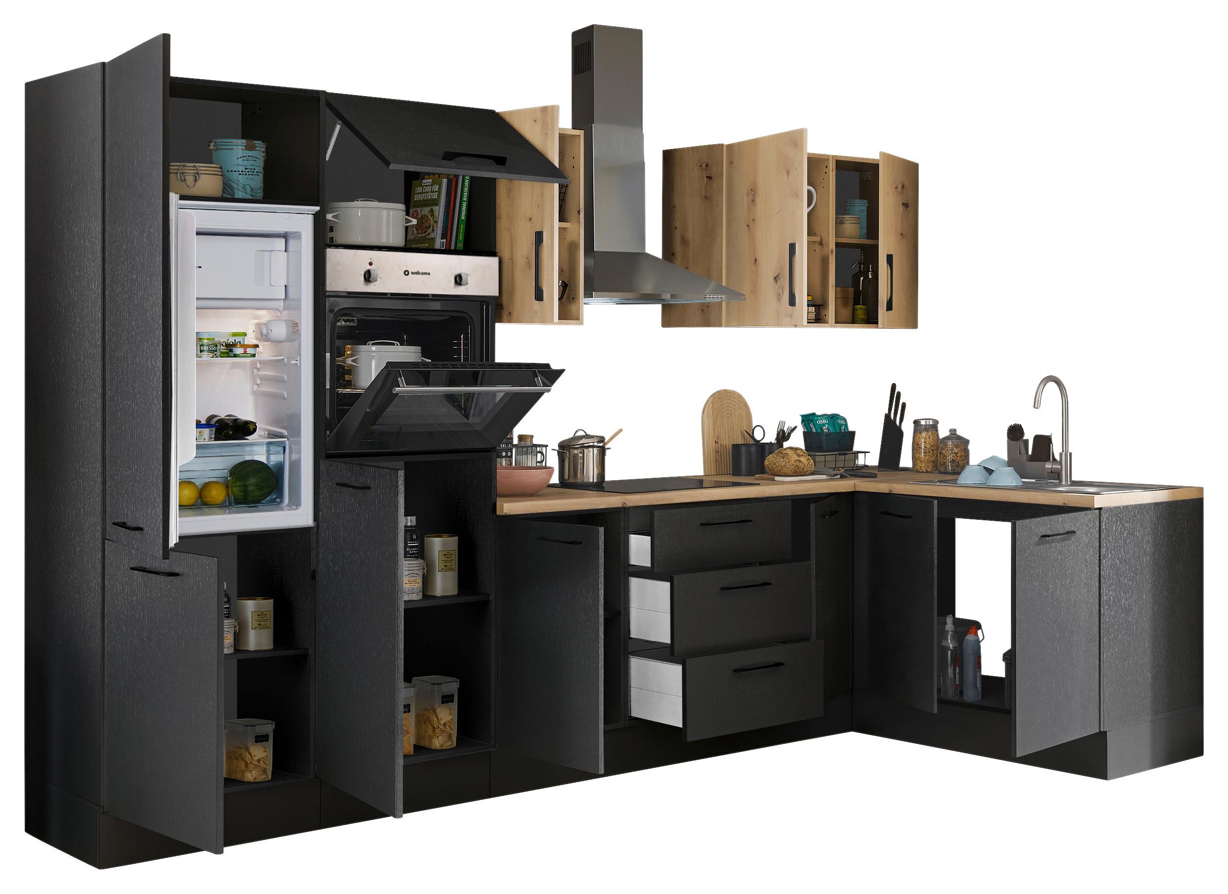 Eckküche Turin Schwarz/Eiche Dekor 330x165 cm - Schwarz/Eiche Artisan, Basics, Holzwerkstoff (330/165cm) - MID.YOU