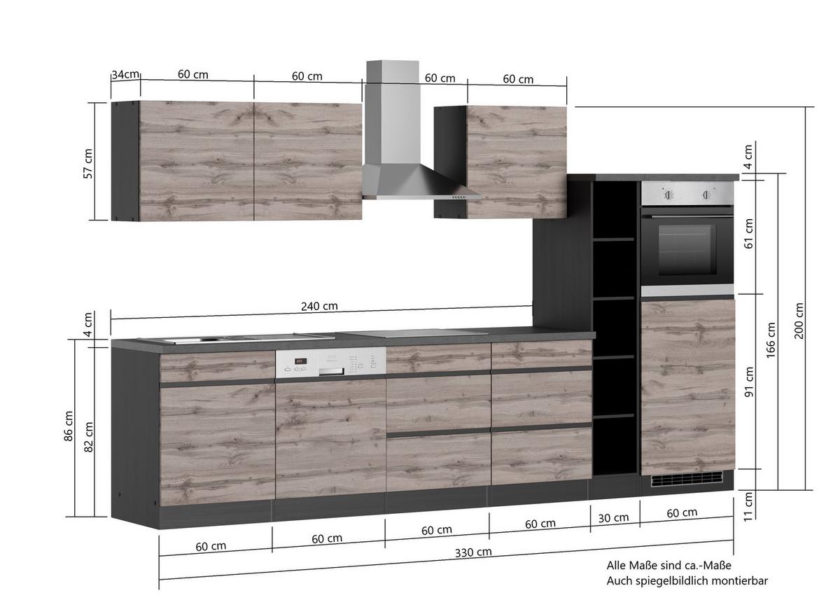 Küchenzeile Turin mit Geräten B: 330 cm Graphit/Eiche Dekor - Eiche Wotan/Graphitfarben, Design, Holzwerkstoff (330cm) - Held