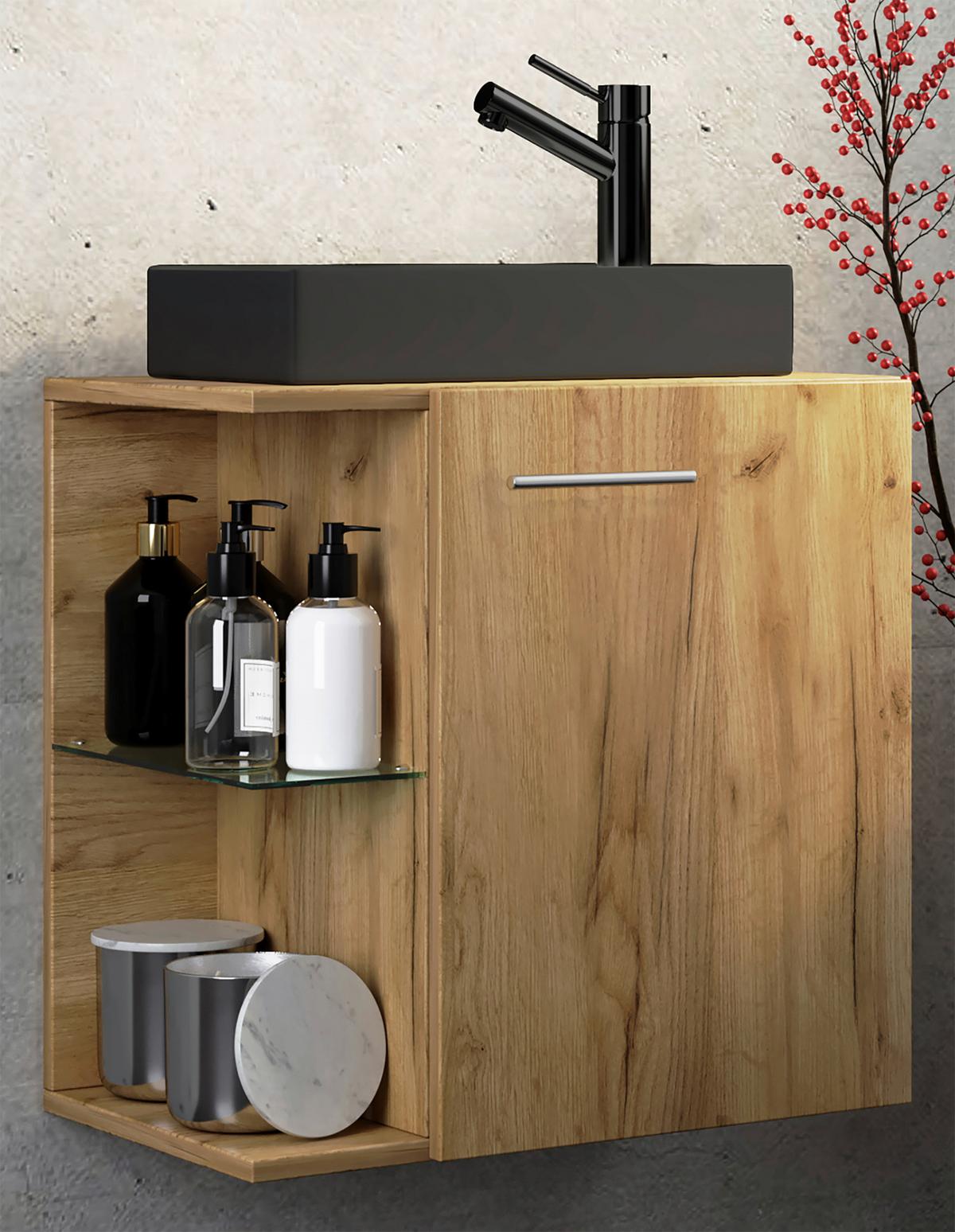 Waschtischkombi Hausa Bl - Honigeiche/Schwarz, MODERN, Glas/Keramik (52cm) - MID.YOU