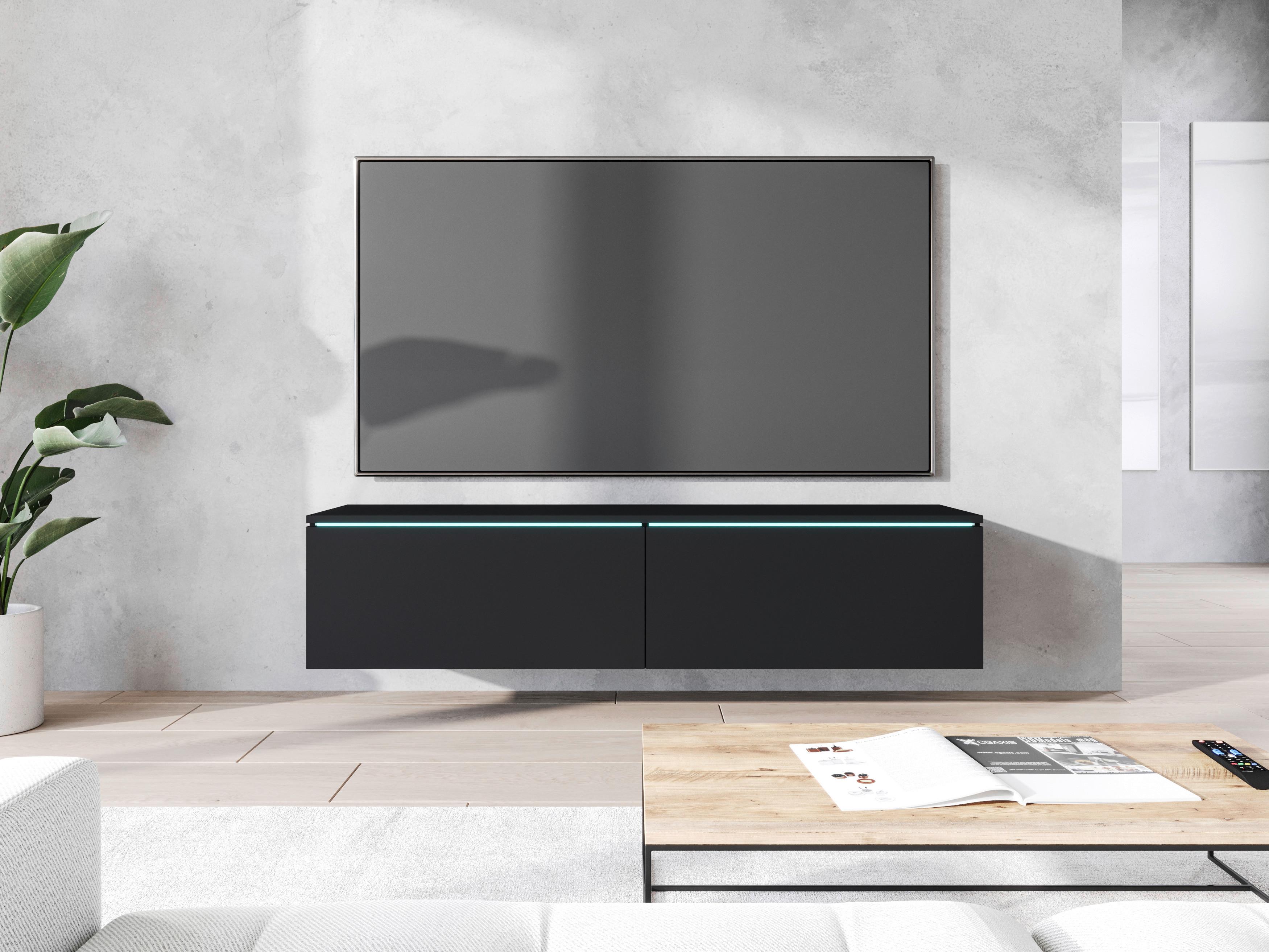 Nízká komoda s LED osvětlením 140 cm - šedá/černá, Basics, kompozitní dřevo/plast (140/30/33cm) - P & B