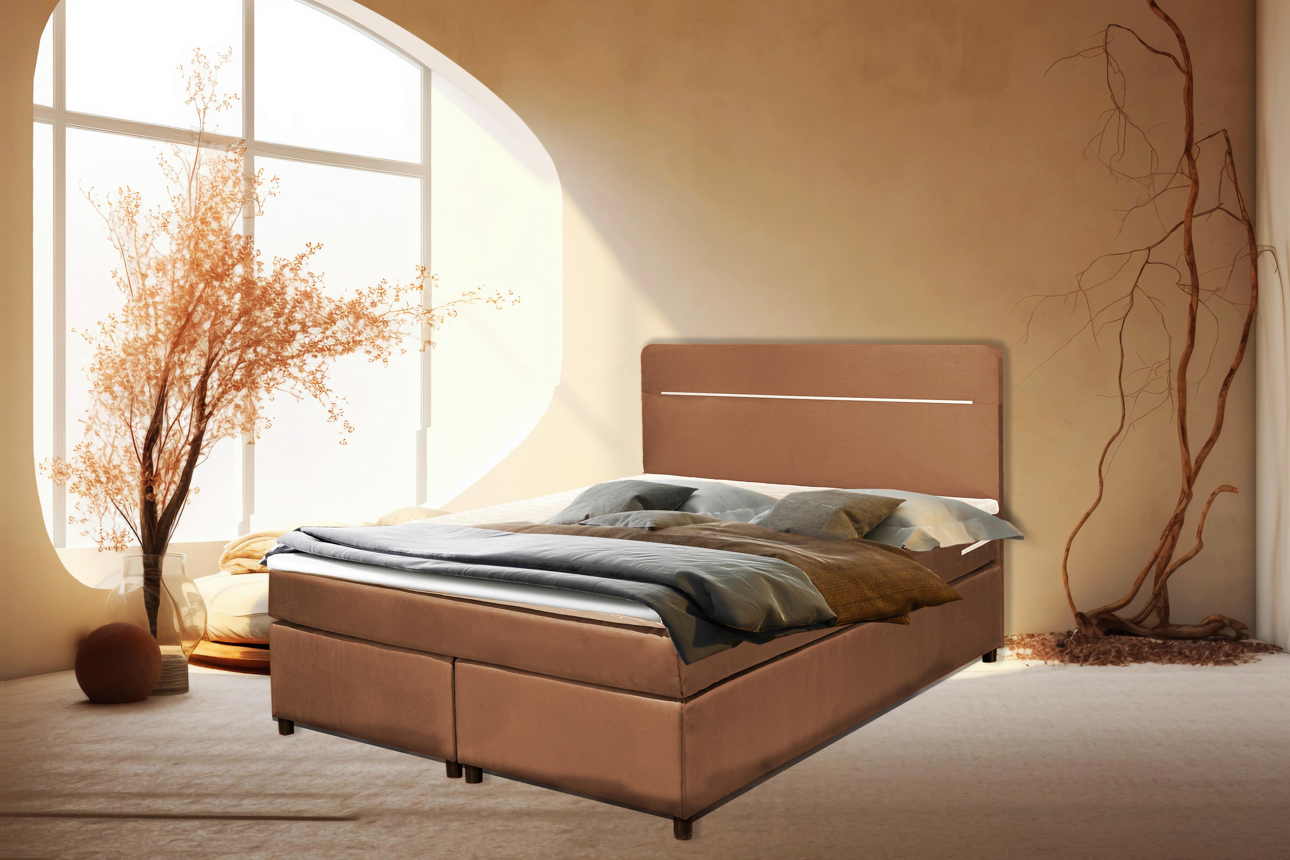 Boxbett Mit Topper 160x200 Cm Stream Beige - Beige/Schwarz, Basics, Holz/Textil (160/200cm) - Livetastic