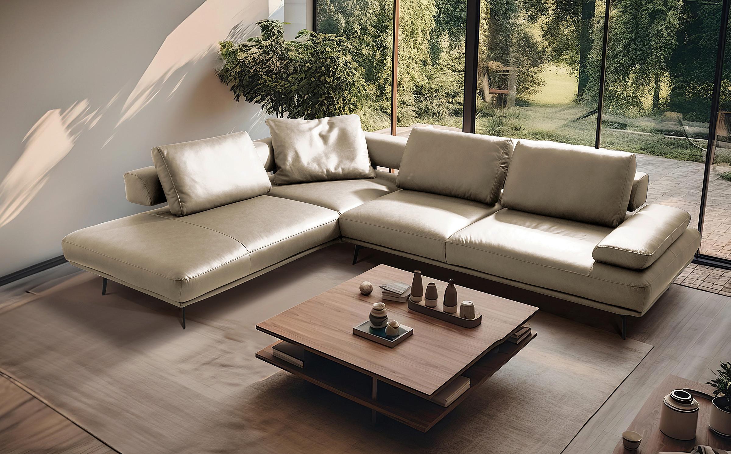 Ecksofa Como Echtleder Creme 237x306 - Creme/Schwarz, Design, Leder (237/306cm) - Livetastic