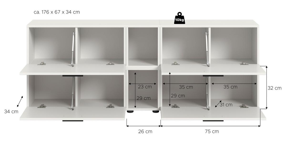 Wohnwand, The ONE 6, B: 176 cm Weiss - Schwarz/Weiß, Trend, Holzwerkstoff (176/67/34cm)