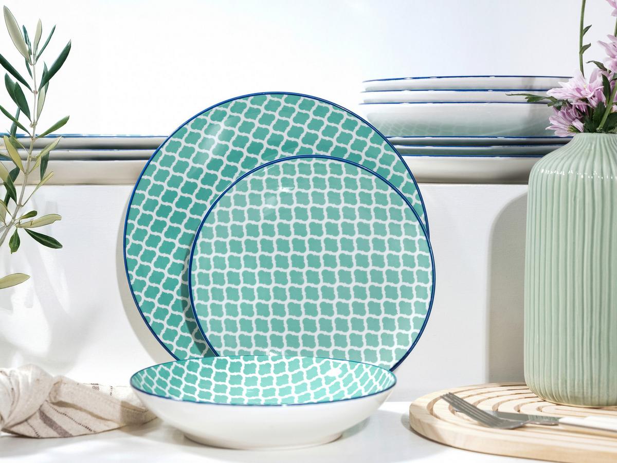 Tafelservice Keramik, Weiß/Petrol, 12--Teilig. - Petrol/Weiß, Basics, Keramik - Creatable