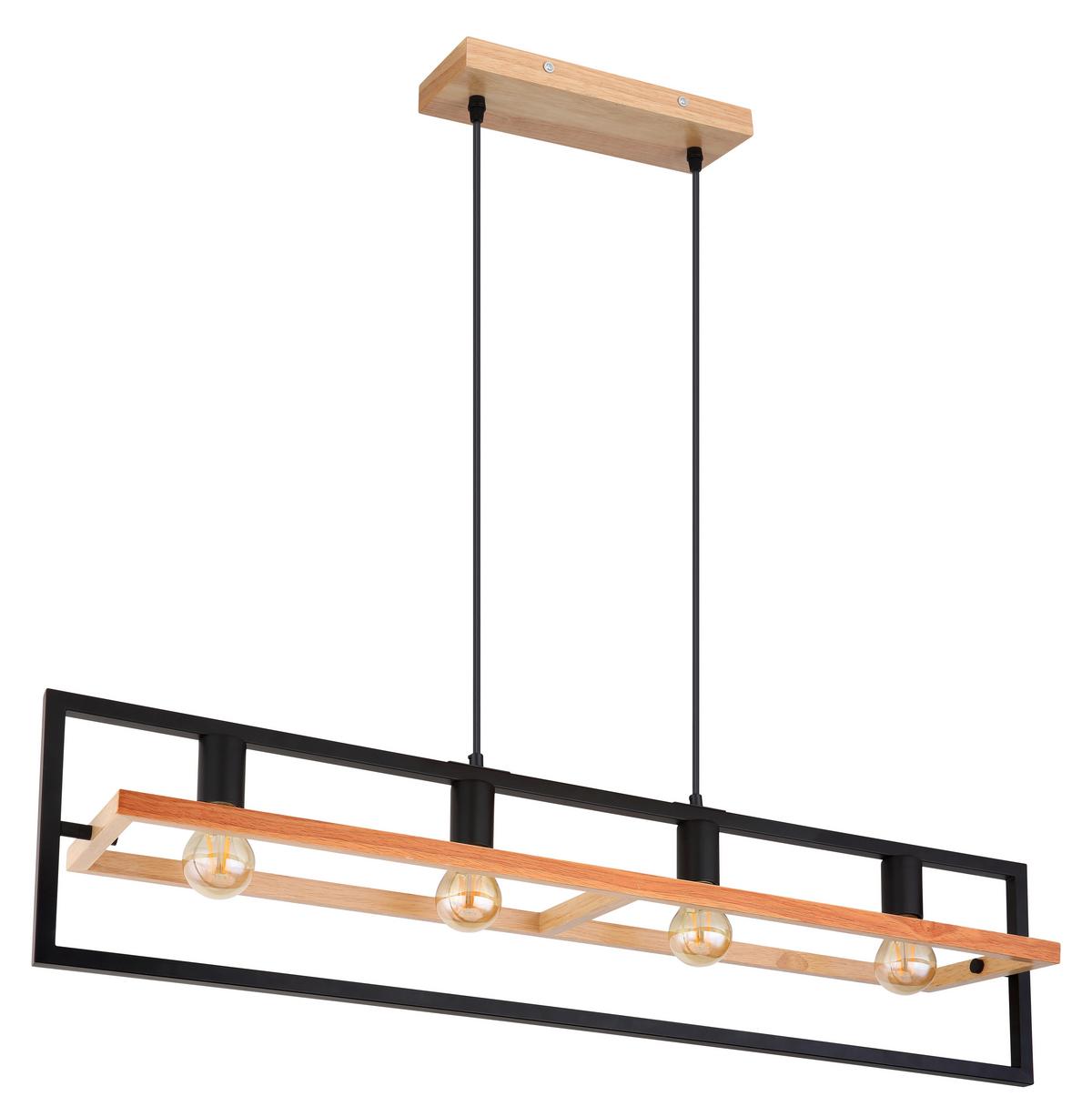 Hängeleuchte H: 150 cm 4-Flammig, drehbar - Schwarz/Braun, Natur, Holz/Metall (98/20/150cm) - Globo