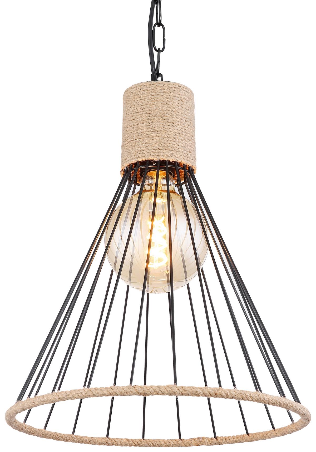 Hängeleuchte Halia H: 140 Cm 1-Flammig, Mit Hanfseil - Schwarz/Braun, Natur, Naturmaterialien/Metall (35/140cm) - Globo