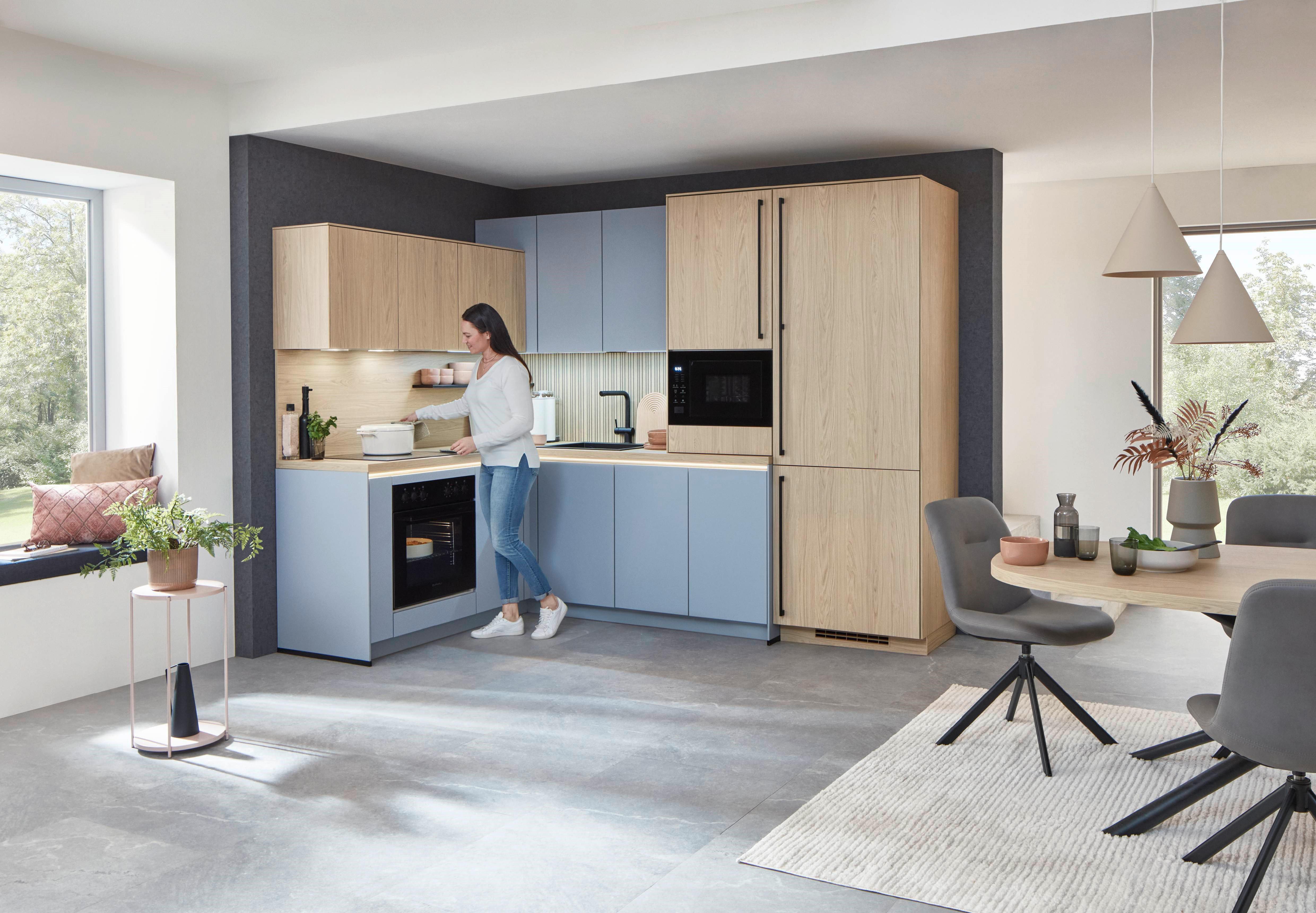 Eckküche Sidney/Singapur - Sandfarben/Blau, Basics, Holzwerkstoff (185/288cm) - Vertico