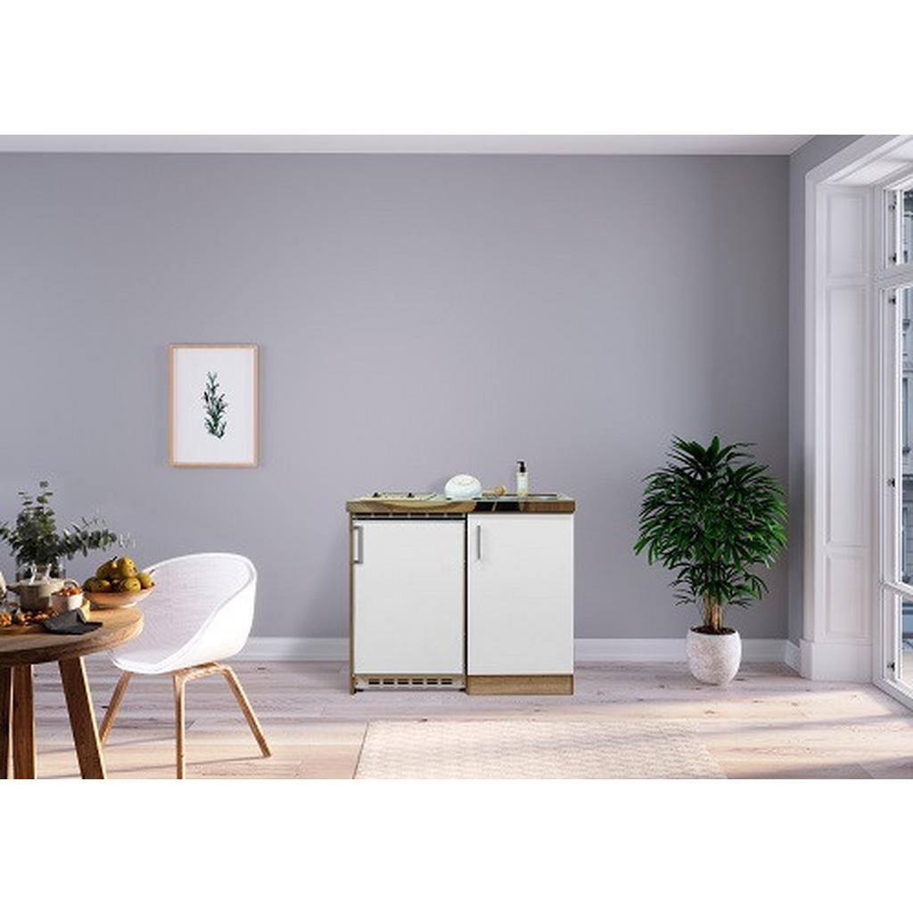 Miniküche M. Kühlschrank + Kochfeld 100 Cm Weiß/eiche