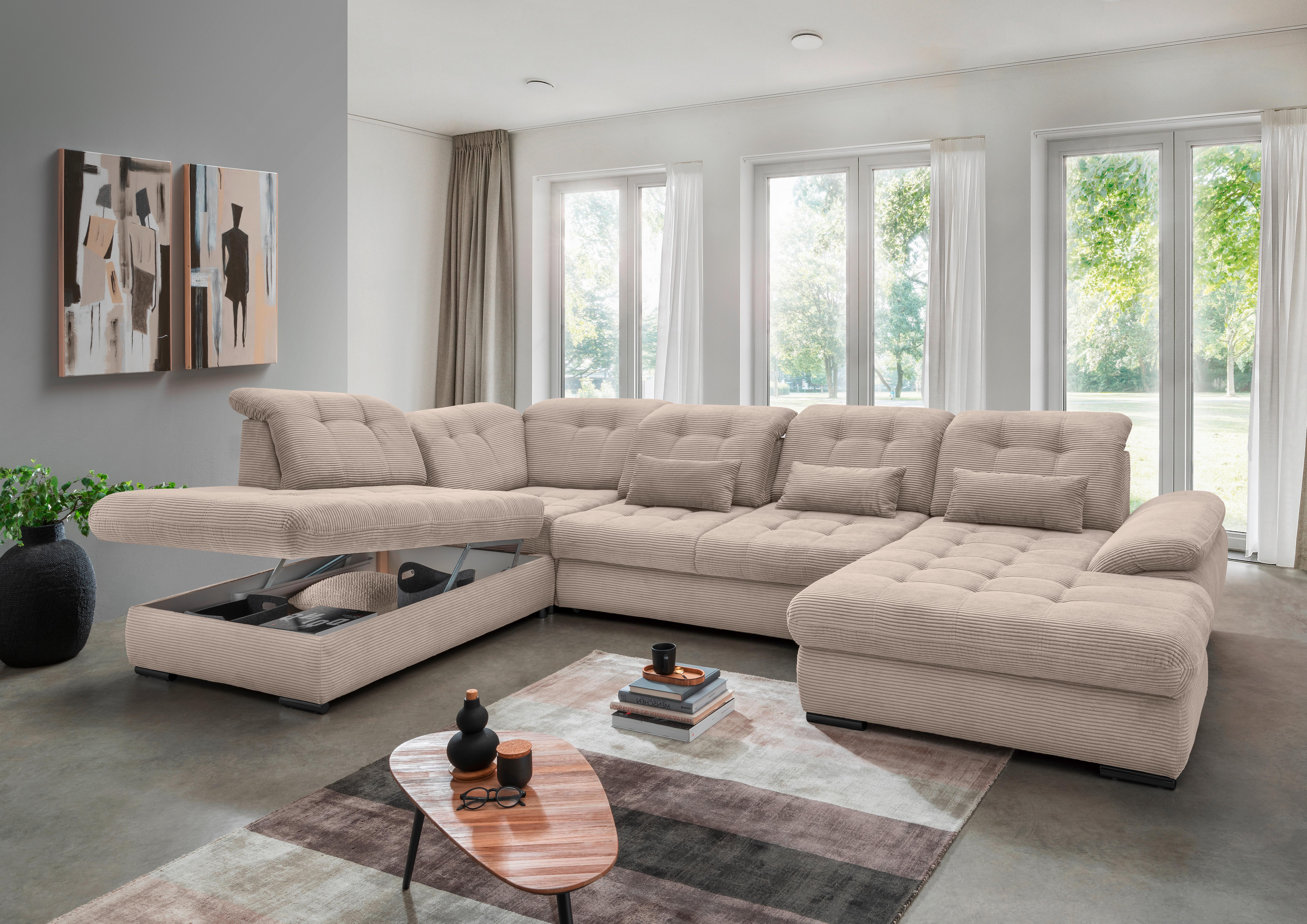 Wohnlandschaft mit Bettkasten Rigatti Beige B: 387 cm - Beige/Schwarz, MODERN, Textil (252/387/184cm) - Livetastic