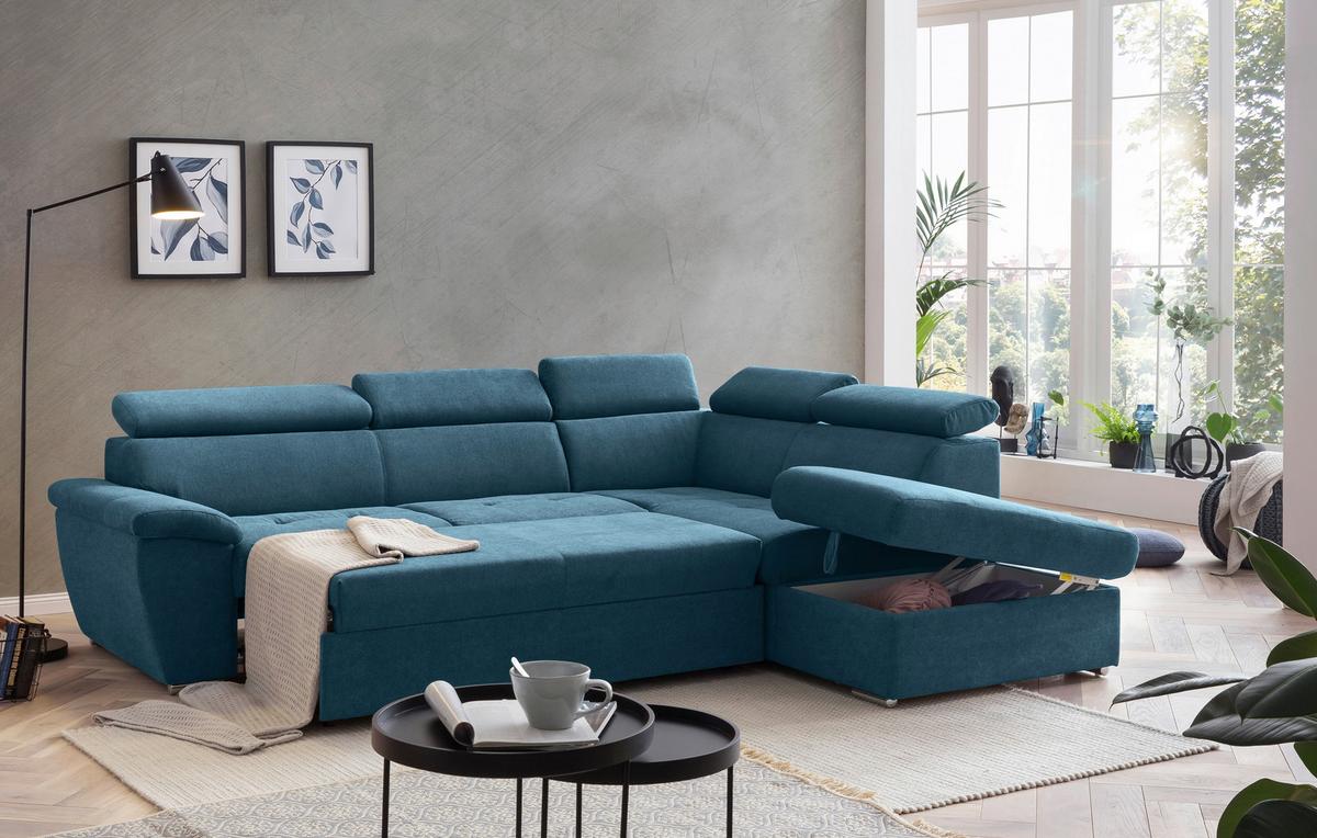Ecksofa mit Schlaffunktion und Bettkasten Antero Hellblau - Chromfarben/Hellblau, Design, Textil (262/216cm) - Livetastic