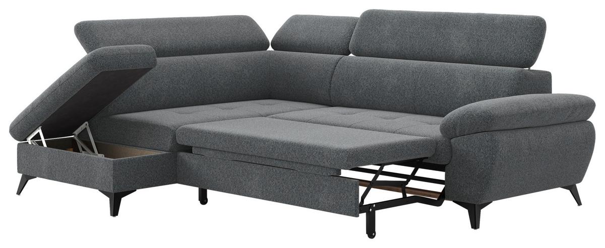 Ecksofa mit Bettfunktion Hudson, Chenille Dunkelgrau - Dunkelgrau/Schwarz, KONVENTIONELL, Textil (207/256cm) - Sembella