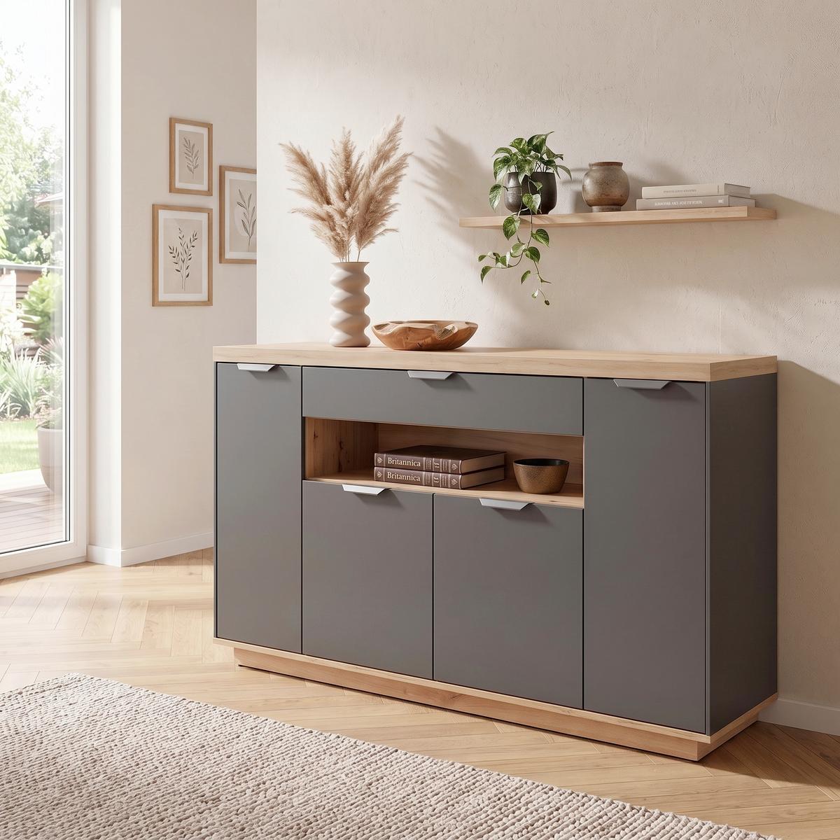 Sideboard Jake Anthrazit/Eiche Dekor B: 153cm - Anthrazit/Eiche Artisan, Trend, Holzwerkstoff (153/92/38cm)