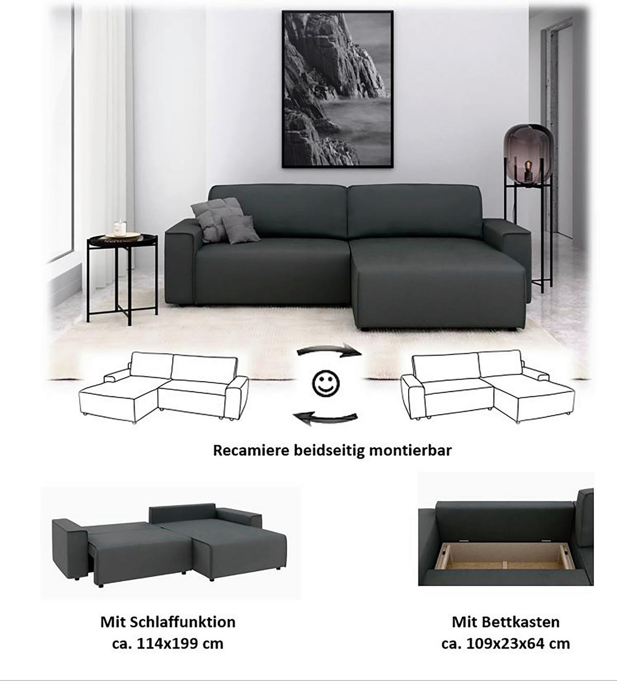 Ecksofa Chance Anthrazit S: 265x164 cm - Anthrazit/Schwarz, MODERN, Textil (265/164cm) - Trendmanufaktur