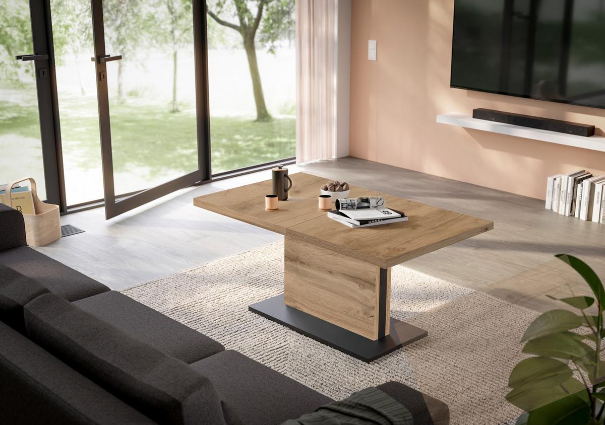 Couchtisch Lift Eiche Wotan/schwarz B: 120 Cm - Eiche Wotan/Schwarz, Design, Holzwerkstoff/Metall (120-160/56-75/70cm) - MID.YOU