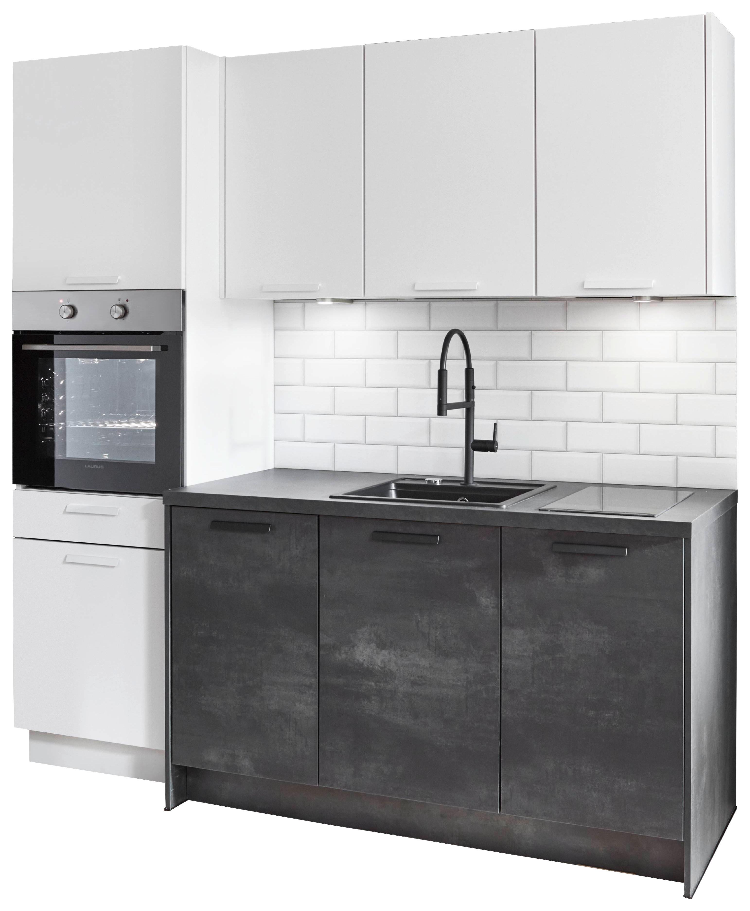 Küchenblock in Weiß und betonfarben mit drei Elektrogeräten