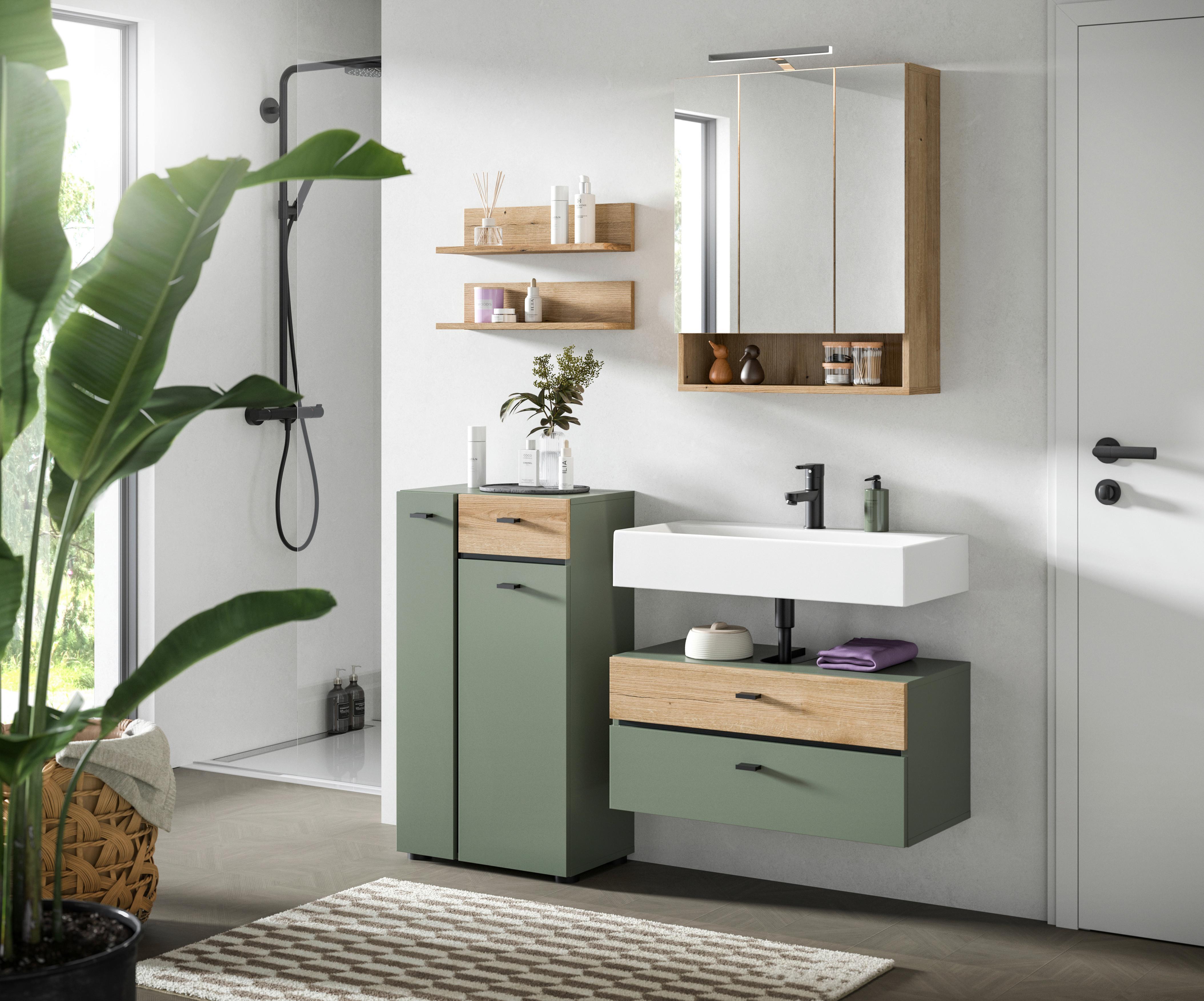 Badezimmer Aqua Grün/Eichefarben B: 126cm - Eichefarben/Schwarz, Trend, Glas/Holzwerkstoff (126cm) - MID.YOU