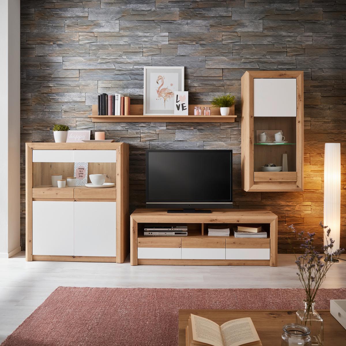Wohnkombination 4-Tlg. mit Led Kashmir New, Eiche Dekor/Weiß - Eichefarben/Weiß, MODERN, Holzwerkstoff (272/192/49cm) - James Wood