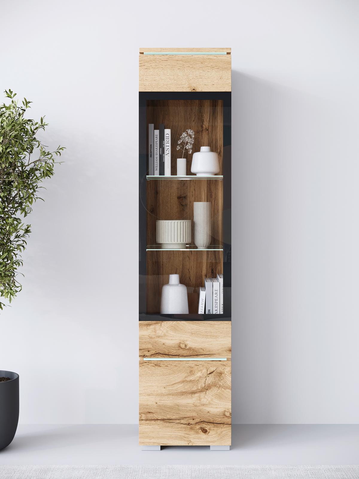 Vitrine Vera Eiche Wotan Dekor B: 30cm - Eiche Wotan/Grau, Design, Glas/Holzwerkstoff (30/130/33cm) - Livetastic