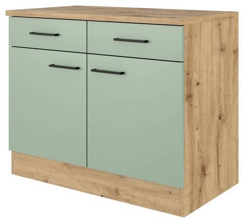 Küchenunterschrank Cara Eiche Artisn/Grün B: 100 cm - Eiche Artisan/Grün, KONVENTIONELL, Holzwerkstoff (100/85/57cm) - FlexWell