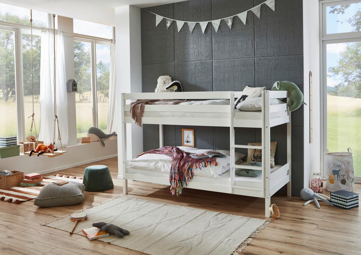 Etagenbett Lupo 2 Weiß Buche Massiv mit Absturzsicherung - Weiß, KONVENTIONELL, Holz (90/200cm)