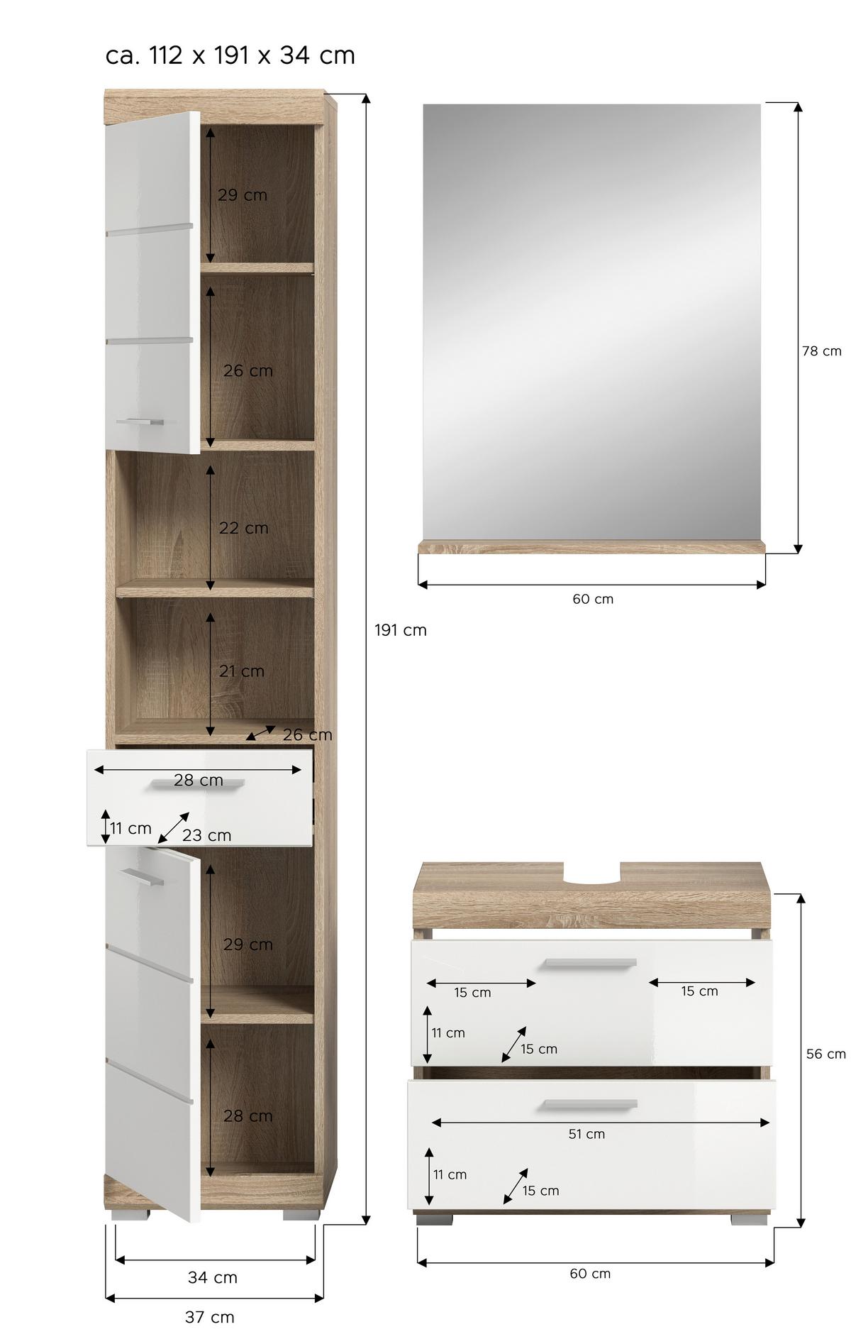 Badezimmer Lambada Eiche Dekor/weiß B: 97 Cm - Weiß Hochglanz/Silberfarben, MODERN, Glas/Holzwerkstoff (97cm) - MID.YOU