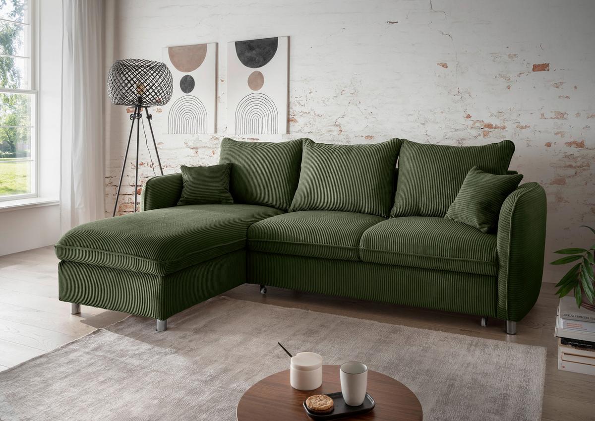 Eckschlafsofa Lauritio Dunkelgrün S: 254x160 cm - Chromfarben/Dunkelgrün, MODERN, Textil (254/160cm) - Livetastic