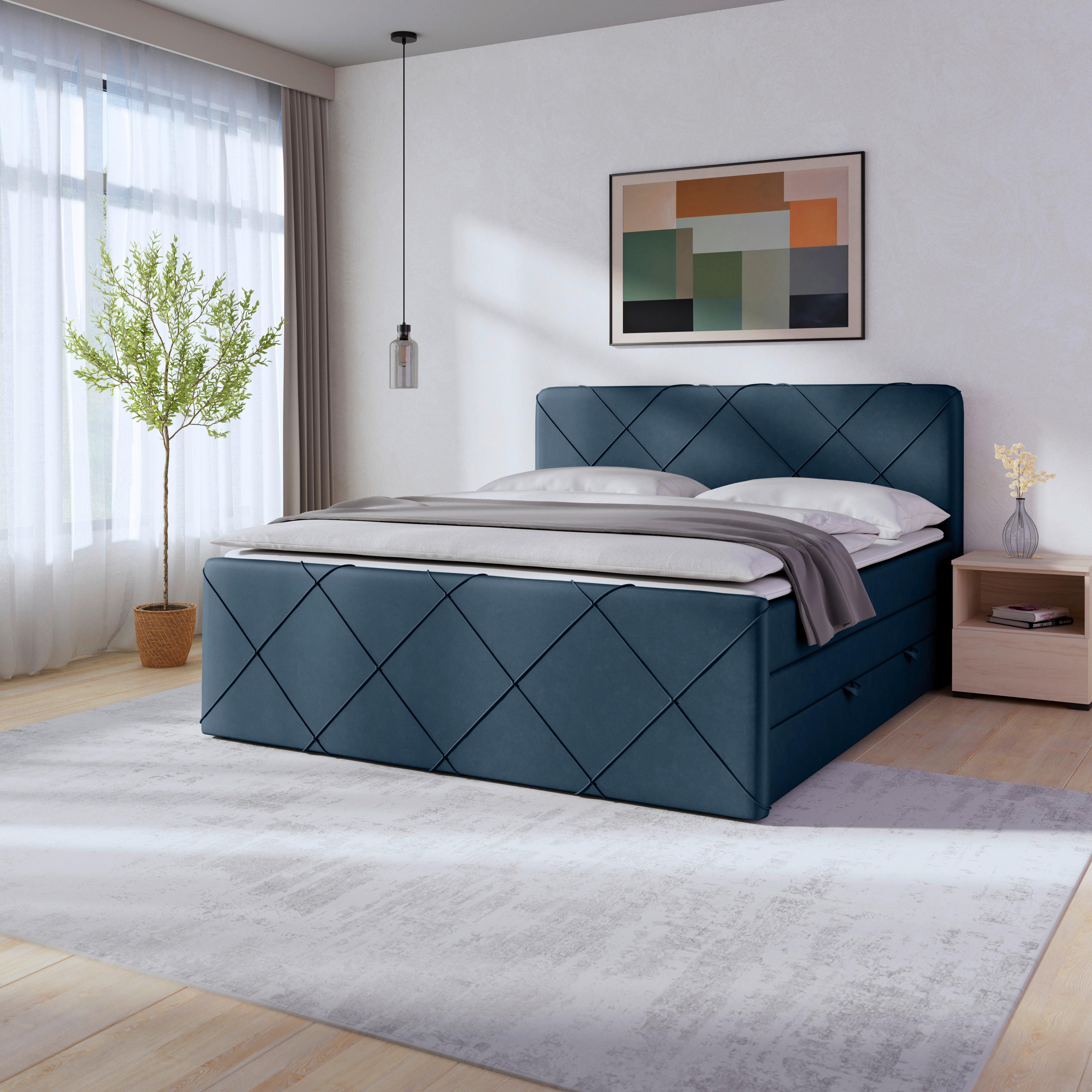 Boxspringbett mit Bettkasten Cordoba 180x200 cm Blau - Blau/Schwarz, MODERN, Holz/Kunststoff (180/200cm) - MID.YOU