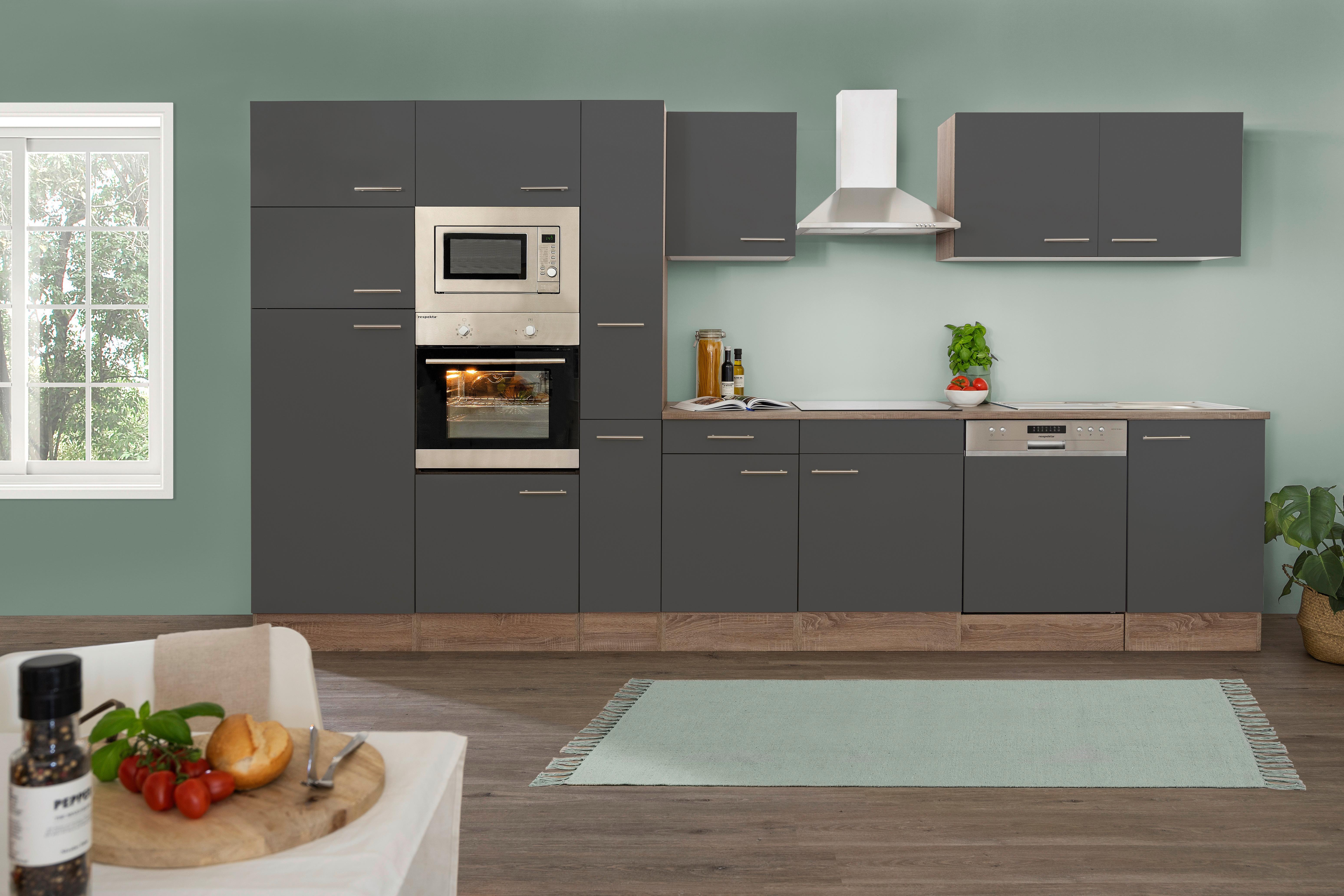 Küchenzeile ohne Geräte B: 370 cm Grau/Eiche Dekor - Eichefarben/Grau, Basics, Holzwerkstoff (370cm) - Respekta