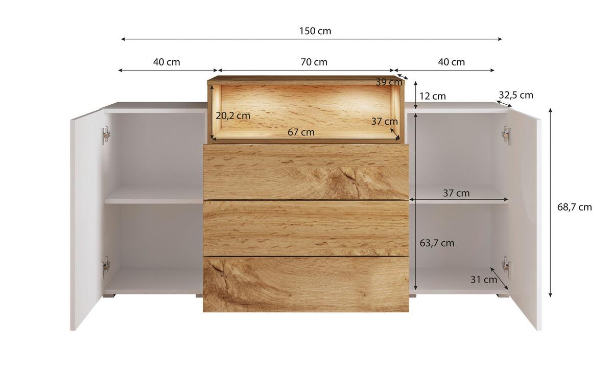 Sideboard Grifflos Mit Led 150cm Urban Iii ,weiß/eiche - Weiß Hochglanz/Eiche Wotan, LIFESTYLE, Holzwerkstoff (150/68,7/32,5cm) - P & B