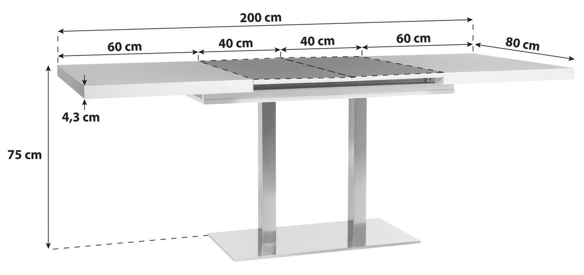 Esstisch Ausziehbar Quadrato Lxb: 120x80 Cm Weiß - Edelstahlfarben/Weiß, KONVENTIONELL, Holzwerkstoff/Metall (120/80/74cm) - MID.YOU