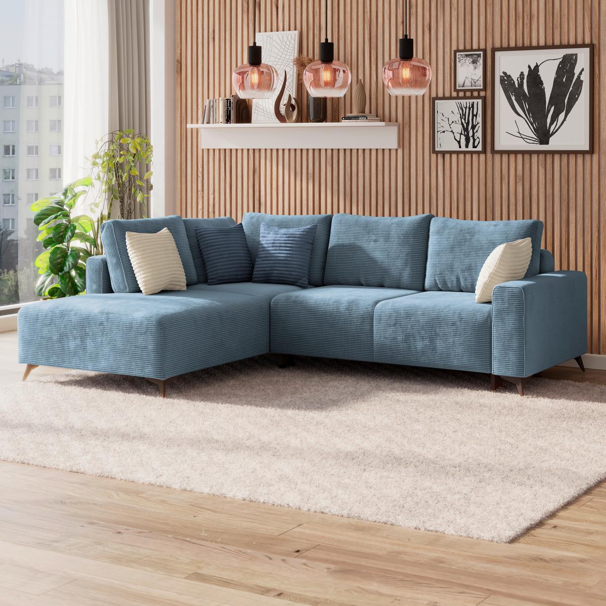 Ecksofa mit Schlaffunktion Lincoln Blau Cord 212x270 cm - Blau/Schwarz, MODERN, Textil (212/270cm)