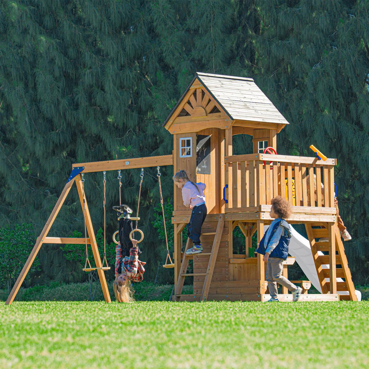 Spielturm mit Rutsche Weiss - Anthrazit/Braun, Basics, Holz/Kunststoff (435/410/305cm) - Ambia Garden