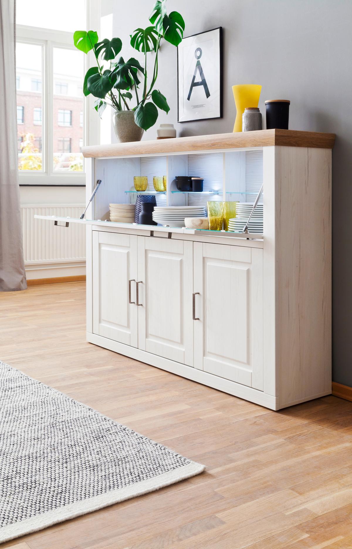 Highboard B: 163 cm Brixen Eichen/Pinie Dekor - Eichefarben/Schwarz, Design, Glas/Holzwerkstoff (163/123/40cm) - Livetastic