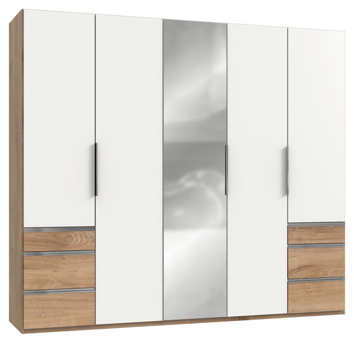 Drehtürenschrank Mit Spiegel + Laden 250cm Level 36a, Weiß - Eichefarben/Weiß, MODERN, Glas/Holzwerkstoff (250/216/58cm) - MID.YOU