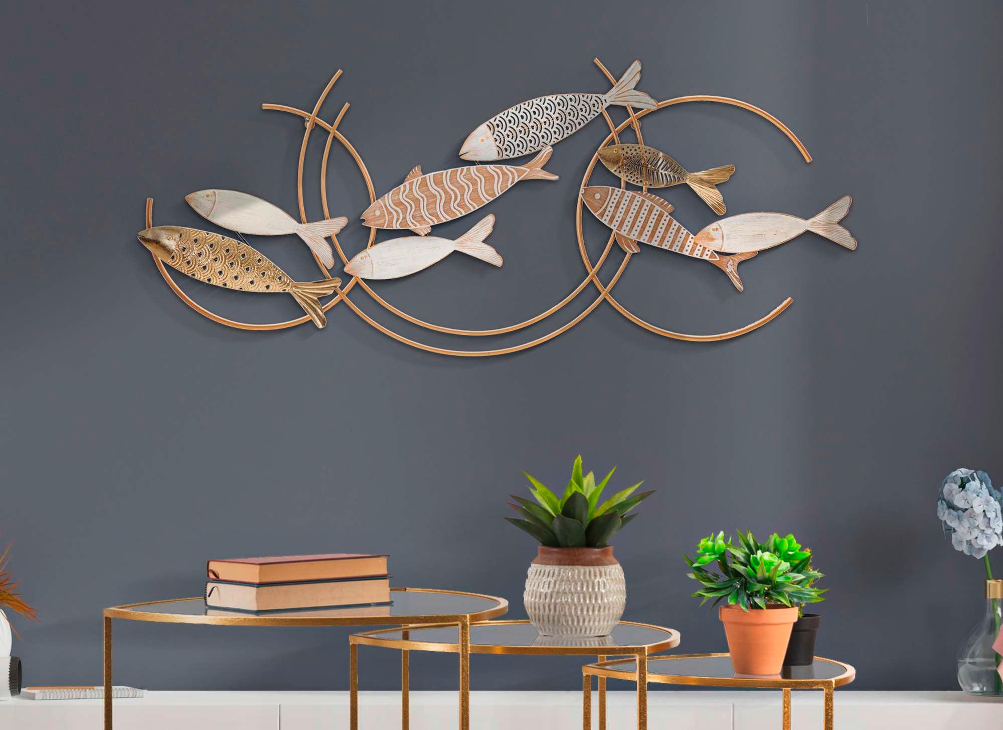 Wanddeko Fishy Move Goldfarben, Weiß B: 142,9 cm - Basics, Holzwerkstoff/Metall (142.9/61.6/5cm)