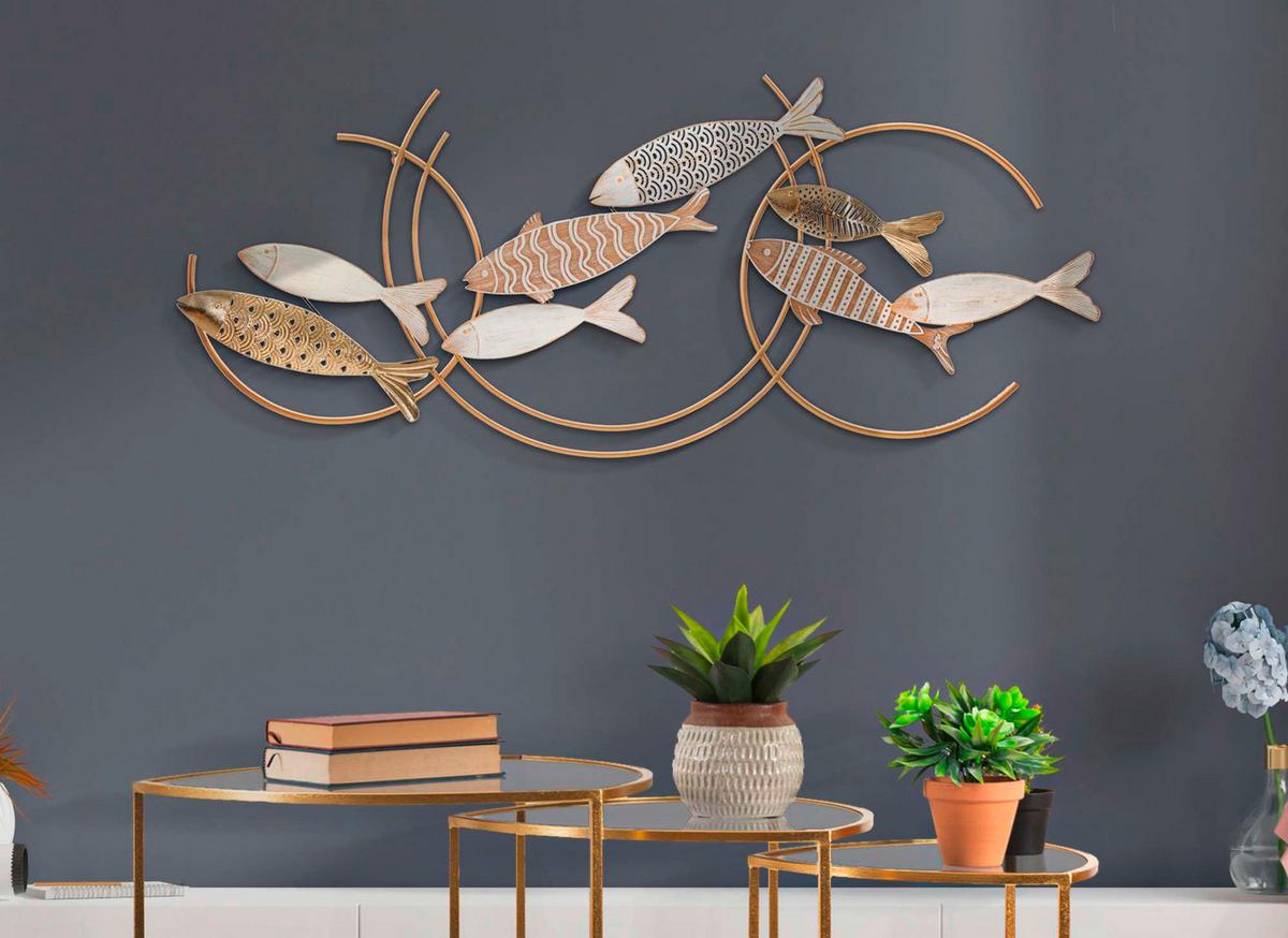 Wanddeko Fishy Move Goldfarben, Weiß B: 142,9 cm - Basics, Holzwerkstoff/Metall (142.9/61.6/5cm)