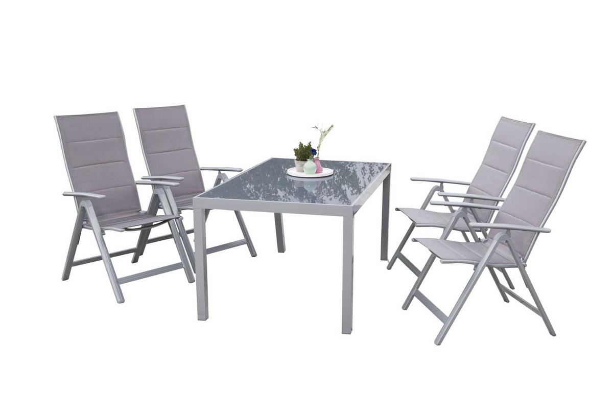 Gartenmöbel Set 5-Tlg. Taviano Metall/Glas/Textil - Silberfarben/Braun, ROMANTIK / LANDHAUS, Glas/Textil - Gardenson