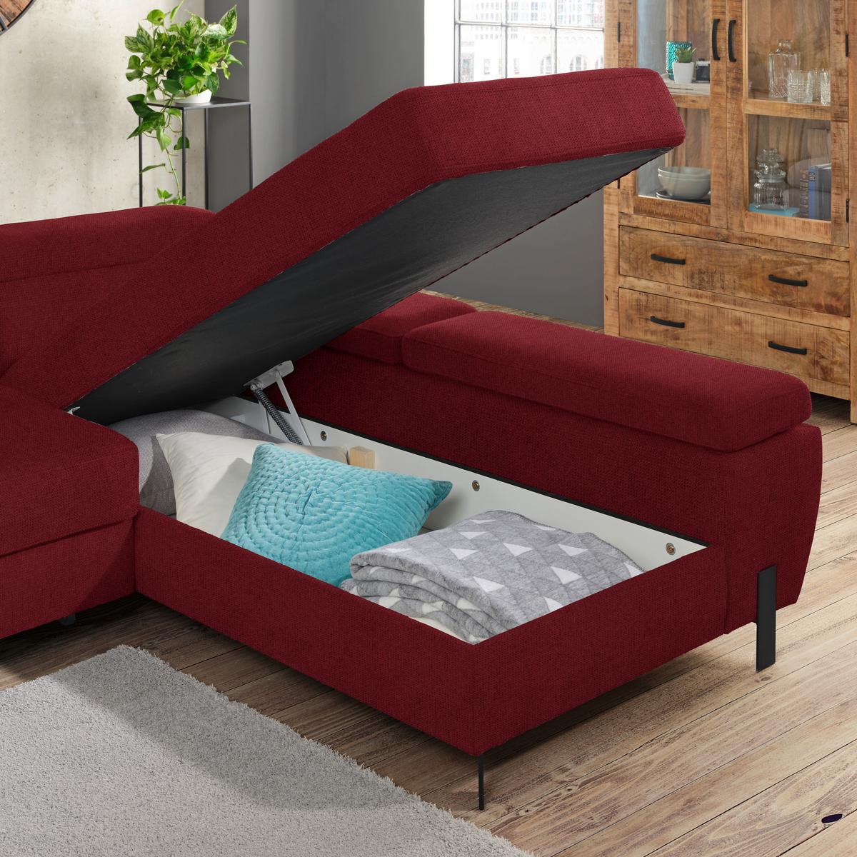 Rohová sedačka MILNA, pravá, vínovočervená - čierna/vínovočervená, Modern, kov/drevo (277/90/189cm) - Mömax