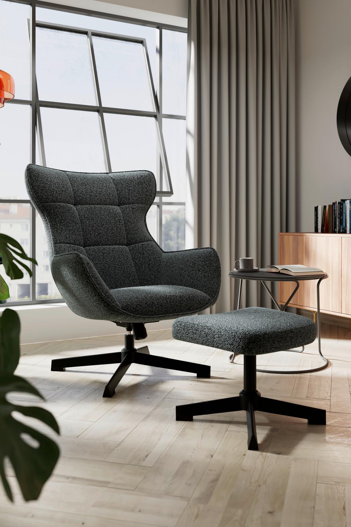 Relaxsessel Bogota Leinenoptik grau, 360° drehbar - Schwarz/Grau, MODERN, Textil/Metall (76/101/86cm) - Luca Bessoni